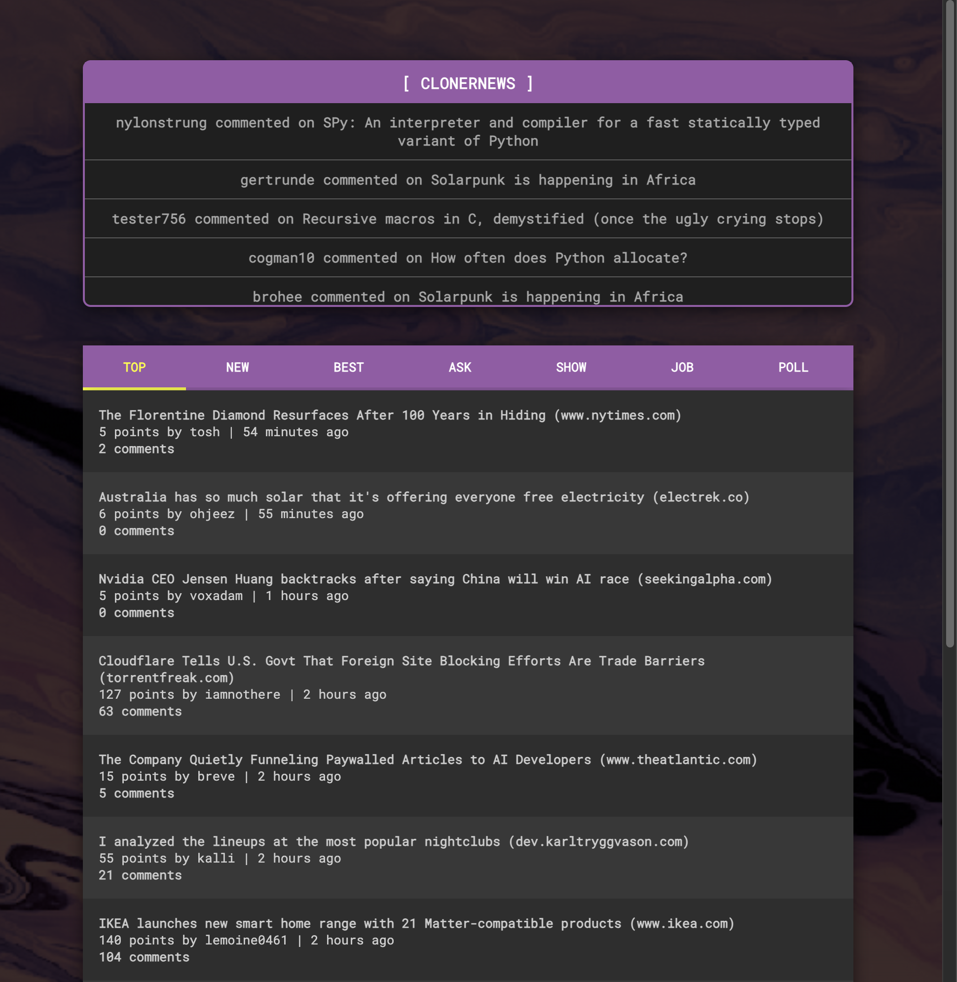 clonernews frontpage